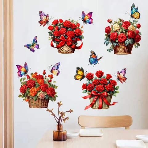 Removable Rose Flower Basket And Butterfly Wall Stickers PVC Waterproof Decorative Decals For Home Living Room Bedroom