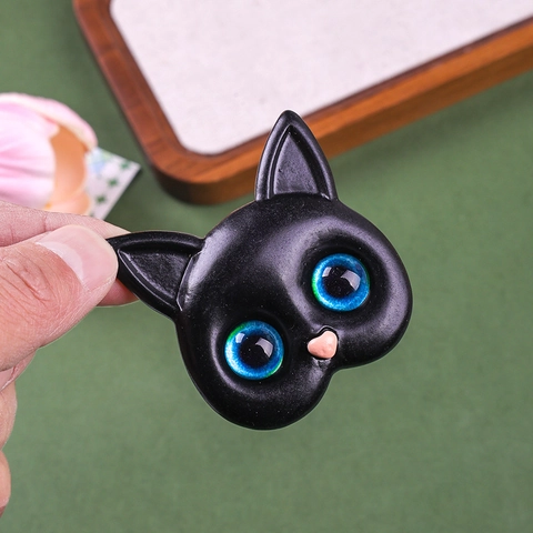 Black Cat Head Resin Charms With Large Colorful Glass Eyes For DIY Fridge Magnet Shoe Buckle Phone Case Decoration Accessories