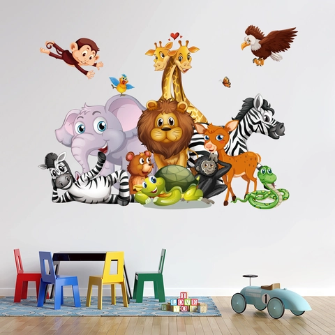 Cartoon Forest Animal Wall Stickers Lion Elephant Giraffe Zebra PVC Removable Wall Decals For Kids Room Nursery Decor