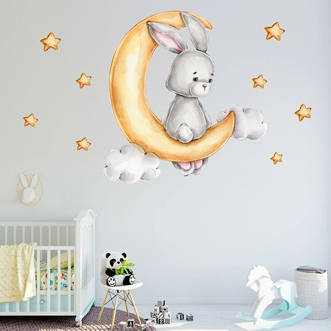 Vinilo Decorativo Conejo Luna Estrellas Acuarela PVC Autoadhesivo Impermeable Para Decoración De Habitación Infantil Dormitorio