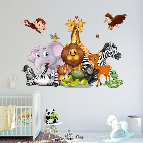 Cartoon Forest Animal Wall Stickers Lion Elephant Giraffe Zebra PVC Removable Wall Decals For Kids Room Nursery Decor