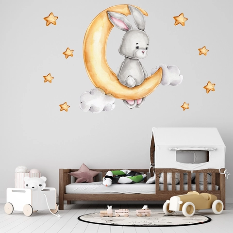 Vinilo Decorativo Conejo Luna Estrellas Acuarela PVC Autoadhesivo Impermeable Para Decoración De Habitación Infantil Dormitorio