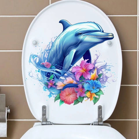 Delfin Blume Wandaufkleber Wasserdicht PVC Selbstklebend Meerestier Tropisch Hibiskus Floral Dekor Für Badezimmer Toilette