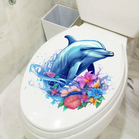 Delfin Blume Wandaufkleber Wasserdicht PVC Selbstklebend Meerestier Tropisch Hibiskus Floral Dekor Für Badezimmer Toilette