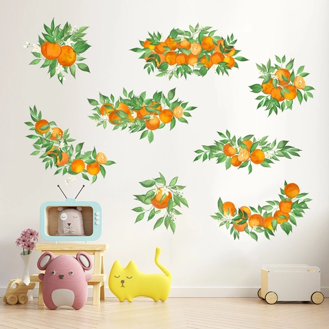 Adesivo Murale Acquerello Arancia Frutta Agrumi Foglia Verde Impermeabile PVC Autoadesivo per Soggiorno Camera da Letto Decorazione