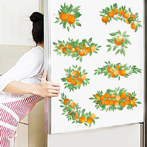 Adesivo Murale Acquerello Arancia Frutta Agrumi Foglia Verde Impermeabile PVC Autoadesivo per Soggiorno Camera da Letto Decorazione
