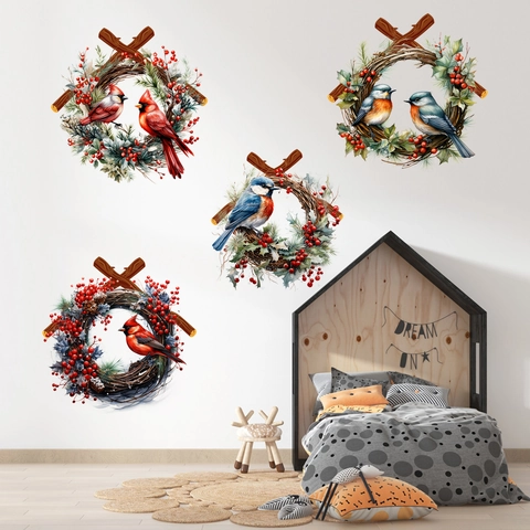 Adesivi Murali Ghirlanda Uccelli di Natale PVC Impermeabile Autoadesivo Decalcomanie Uccelli per Decorazione Casa Festa