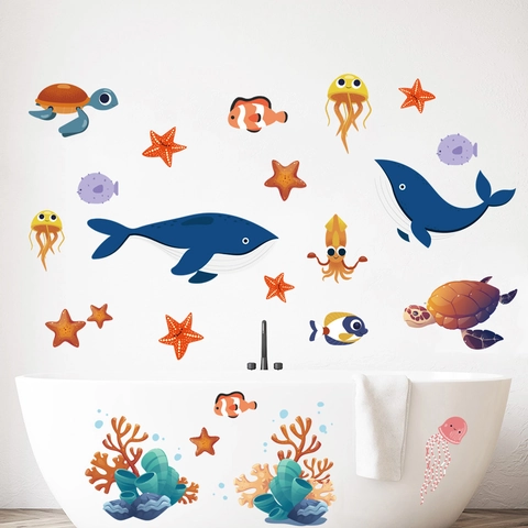 Pegatinas de Pared de PVC Mundo Submarino Dibujos Animados Ballena Tortuga Marina Impermeables Autoadhesivas Mural de Animales para Niños Baño