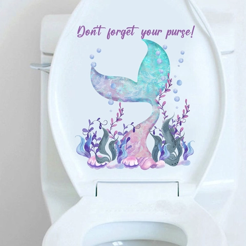 Watercolor Mermaid Tail Toilet Lid Sticker Waterproof PVC Bathroom Wall Decal Sea Grass Shell Bathroom Home Decor