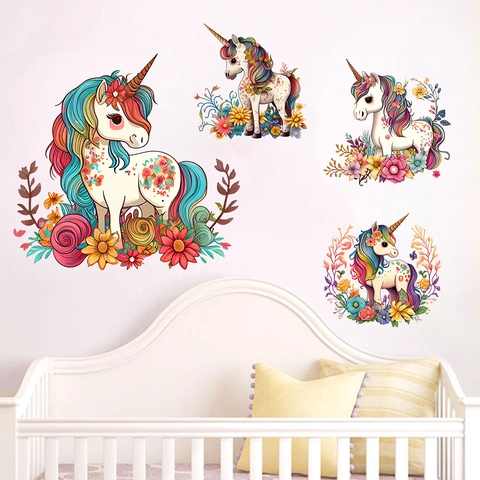 Stickers Muraux Licorne Jardin de Fleurs Colorés Floraux Licorne Autocollants pour Chambre d'Enfants Crèche Salon PVC Imperméable Auto-adhésif Murales d'Art