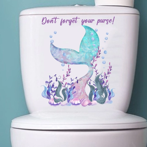 Watercolor Mermaid Tail Toilet Lid Sticker Waterproof PVC Bathroom Wall Decal Sea Grass Shell Bathroom Home Decor