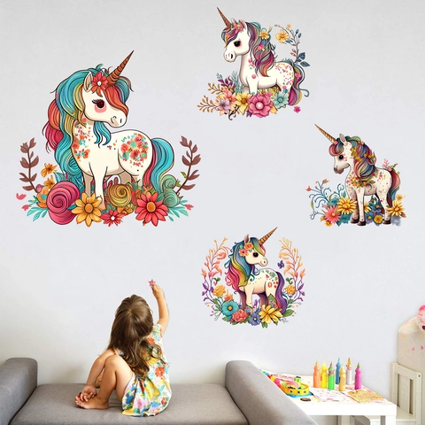 Stickers Muraux Licorne Jardin de Fleurs Colorés Floraux Licorne Autocollants pour Chambre d'Enfants Crèche Salon PVC Imperméable Auto-adhésif Murales d'Art