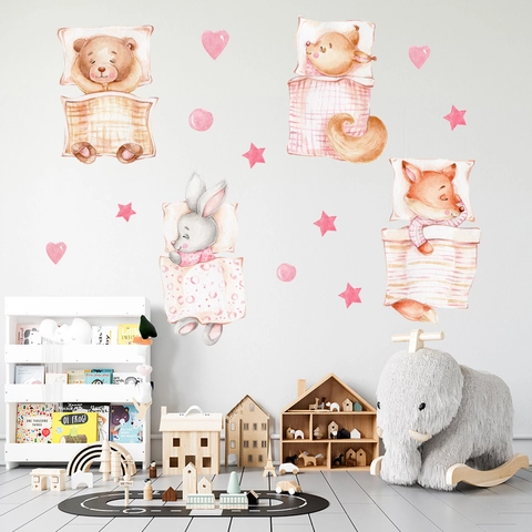 Watercolor Cartoon Sleeping Animal Wall Stickers For Kids Room Decor Waterproof PVC Bear Rabbit Fox Squirrel Heart Star Mural Decals