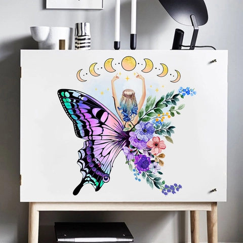 Adesivo per Coperchio del Water in PVC Impermeabile Con Farfalla Ragazza Fiore Fase Lunare Decalcomania da Muro Artistica Rimovibile
