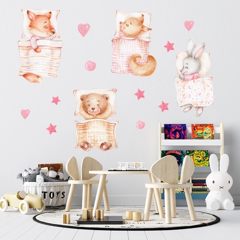 Watercolor Cartoon Sleeping Animal Wall Stickers For Kids Room Decor Waterproof PVC Bear Rabbit Fox Squirrel Heart Star Mural Decals