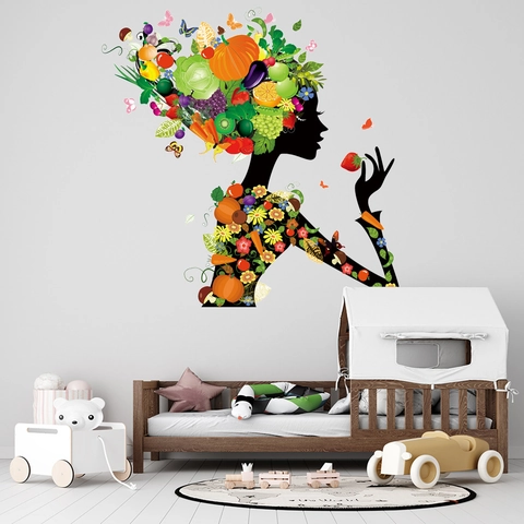 Vinilo Decorativo de Pared de Hada de Flores Frutas y Verduras PVC Autoadhesivo Decoración Hogar para Habitación de Niños