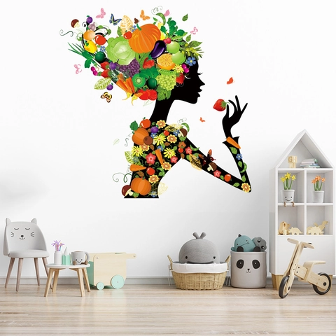 Vinilo Decorativo de Pared de Hada de Flores Frutas y Verduras PVC Autoadhesivo Decoración Hogar para Habitación de Niños