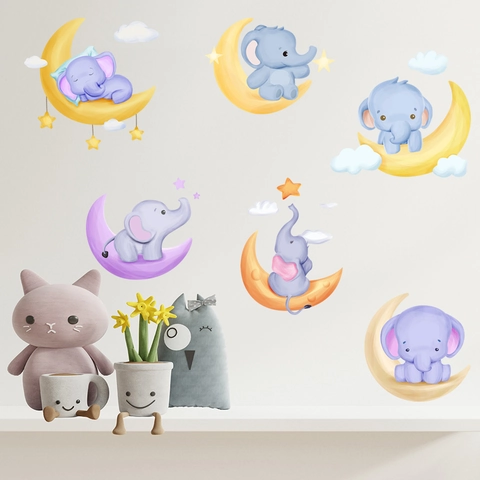 Cartoon Elephant Moon Star Wall Stickers For Kids Nursery Room Decor Removable PVC Watercolor Animal Wall Decals Nursery Wall Art