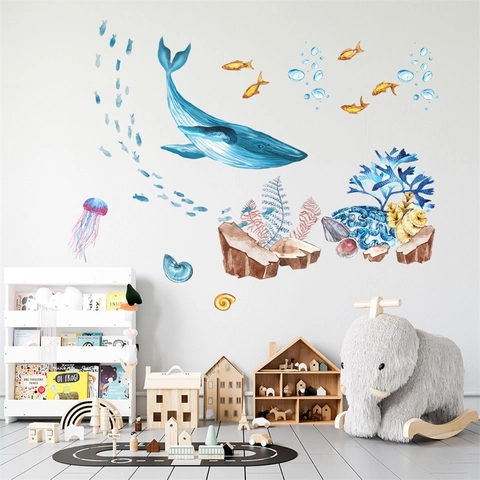 Aquarell Ozean Welt Wal Wandtattoo PVC Selbstklebend Unterwasser Tier Koralle Qualle Fisch Aufkleber Für Kinderzimmer Home Dekor