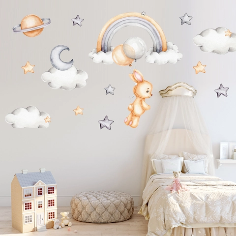 Watercolor Rabbit Hot Air Balloon Rainbow Wall Stickers Nursery Decor Removable PVC Planet Moon Star DIY Wall Decals