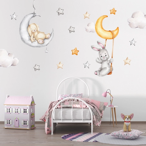 Pegatinas de Pared de Conejo En La Luna de Acuarela Animales Estrellas Nubes Calcomanías de PVC Autoadhesivas Para Niños