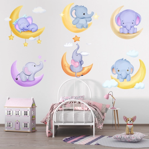 Cartoon Elephant Moon Star Wall Stickers For Kids Nursery Room Decor Removable PVC Watercolor Animal Wall Decals Nursery Wall Art