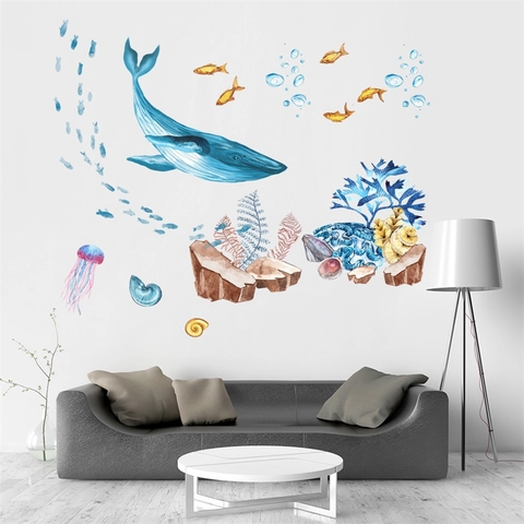 Aquarell Ozean Welt Wal Wandtattoo PVC Selbstklebend Unterwasser Tier Koralle Qualle Fisch Aufkleber Für Kinderzimmer Home Dekor
