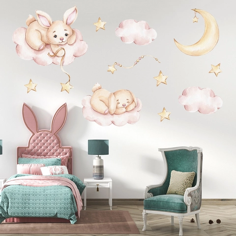 Watercolor Rabbit Cloud Star Wall Sticker For Kids Baby Room Nursery Bedroom Self Adhesive PVC Decorative Wall Decal