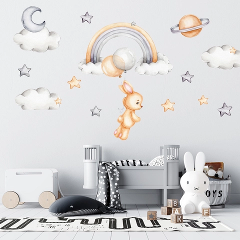 Watercolor Rabbit Hot Air Balloon Rainbow Wall Stickers Nursery Decor Removable PVC Planet Moon Star DIY Wall Decals