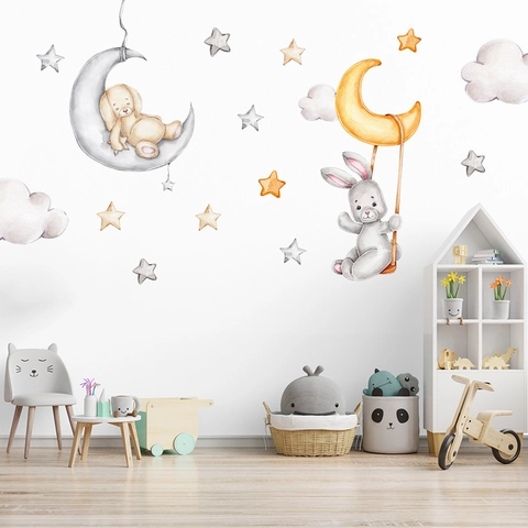 Pegatinas de Pared de Conejo En La Luna de Acuarela Animales Estrellas Nubes Calcomanías de PVC Autoadhesivas Para Niños
