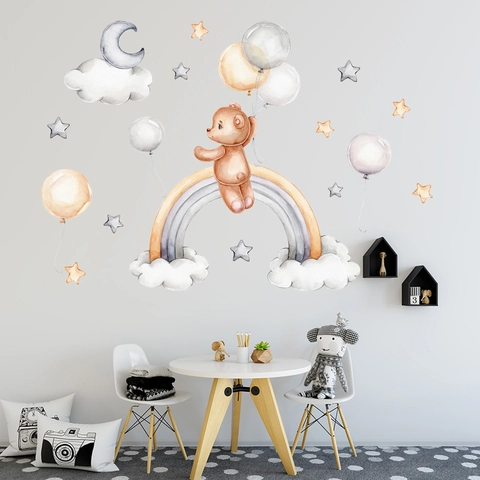 Watercolor Cartoon Bear On Rainbow Wall Sticker For Kids Room Nursery Decor PVC Waterproof Balloon Star Moon Wall Decal