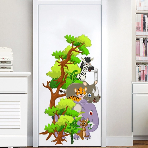 Cartoon Jungle Animal Wall Sticker Elephant Tiger Zebra Tree PVC Self Adhesive Mural For Kids Room Nursery Home Decor