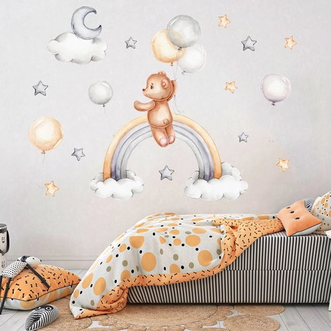 Watercolor Cartoon Bear On Rainbow Wall Sticker For Kids Room Nursery Decor PVC Waterproof Balloon Star Moon Wall Decal