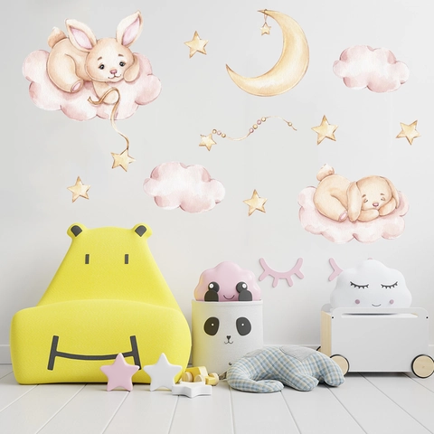 Watercolor Rabbit Cloud Star Wall Sticker For Kids Baby Room Nursery Bedroom Self Adhesive PVC Decorative Wall Decal