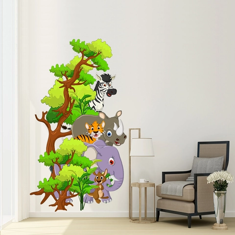 Cartoon Jungle Animal Wall Sticker Elephant Tiger Zebra Tree PVC Self Adhesive Mural For Kids Room Nursery Home Decor