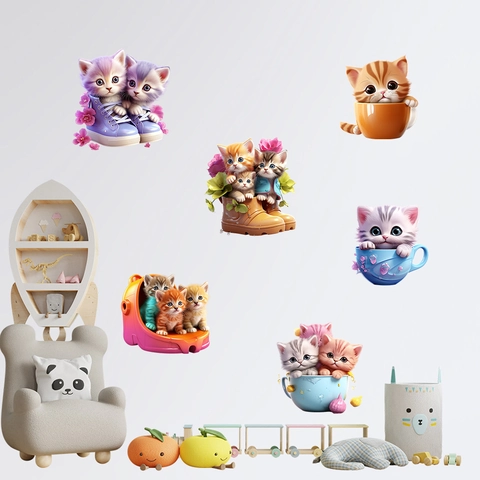 Cute Cartoon Cat Shoes Flowers Self Adhesive Wall Sticker PVC Removable DIY Mural Decal For Kids Room Nursery Home Decor