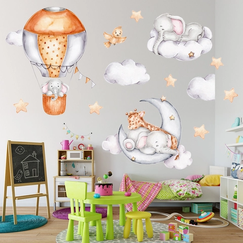 Adhesivos de Pared Acuarela Elefante Jirafa Luna Estrellas Globo Aerostático Decoración Infantil PVC Autoadhesivo Extraíble