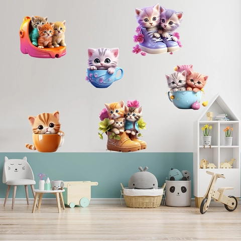 Cute Cartoon Cat Shoes Flowers Self Adhesive Wall Sticker PVC Removable DIY Mural Decal For Kids Room Nursery Home Decor