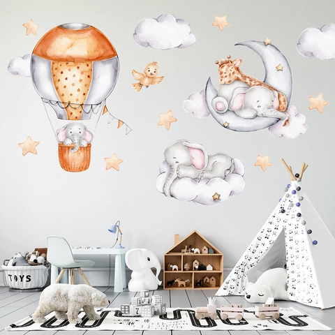 Adhesivos de Pared Acuarela Elefante Jirafa Luna Estrellas Globo Aerostático Decoración Infantil PVC Autoadhesivo Extraíble