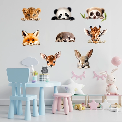 Cartoon Animal Wall Stickers Waterproof PVC Giraffe Rabbit Lion Panda Wall Art Decor For Kids Room Nursery Home Decoration