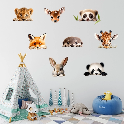 Cartoon Animal Wall Stickers Waterproof PVC Giraffe Rabbit Lion Panda Wall Art Decor For Kids Room Nursery Home Decoration