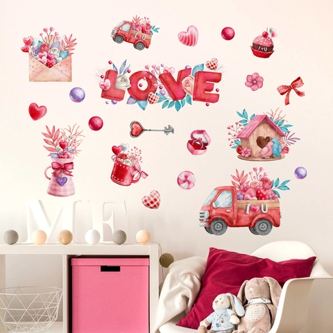 Valentine Day Wall Sticker PVC Removable Love Heart Truck Birdhouse Watercolor Style Decal For Living Room Bedroom Decor