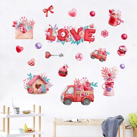 Valentine Day Wall Sticker PVC Removable Love Heart Truck Birdhouse Watercolor Style Decal For Living Room Bedroom Decor