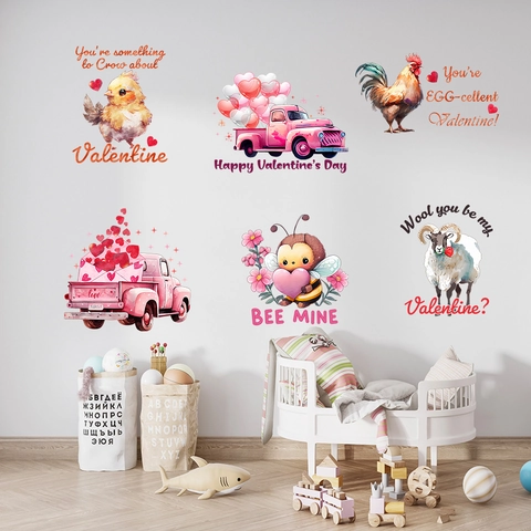 Día de San Valentín Acuarela Abeja Camión Corazón Amor Dibujos Animados Pegatinas de Pared PVC Calcomanías Decorativas Impermeables Dormitorio