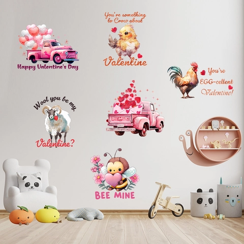 Día de San Valentín Acuarela Abeja Camión Corazón Amor Dibujos Animados Pegatinas de Pared PVC Calcomanías Decorativas Impermeables Dormitorio