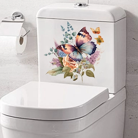 Adesivo da Bagno Farfalla Fiore Impermeabile PVC Decalcomania da Muro Per Toilette Frigorifero Soggiorno Camera da Letto Casa