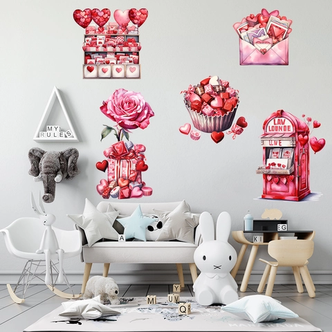 Valentinstag Herz Wandaufkleber PVC Wasserdicht Aquarell Stil Rose Cupcake Briefkasten Dekoration Für Wohnzimmer Schlafzimmer