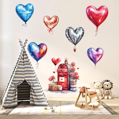 Valentine's Day Heart Balloon Mailbox Wall Sticker Watercolor Rose PVC Decorative Mural For Living Room Bedroom Kids Room