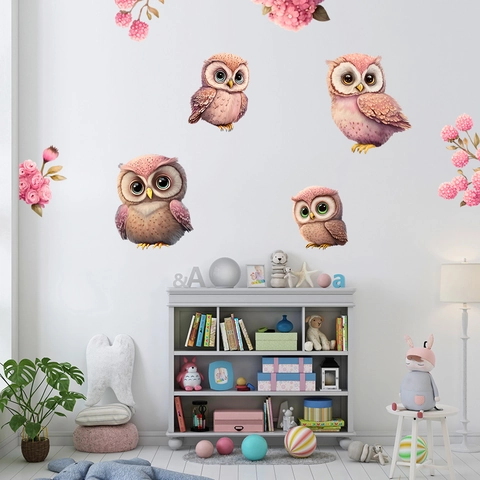 Pink Cartoon Owl Flower Wall Sticker PVC Waterproof Self Adhesive Wall Decal For Kids Room Living Room Bedroom Home Decor