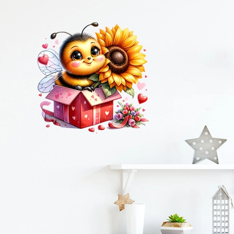 Pegatina de Pared Abeja Dibujos Animados Girasol Corazón San Valentín PVC Impermeable Mural Decorativo Para Habitación Infantil